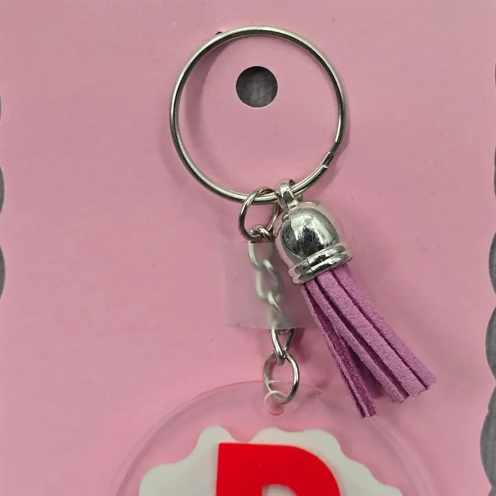 Letter Keychain Clear Silver Circle Handmade‎ Acrylic Tassel Flower P Purple